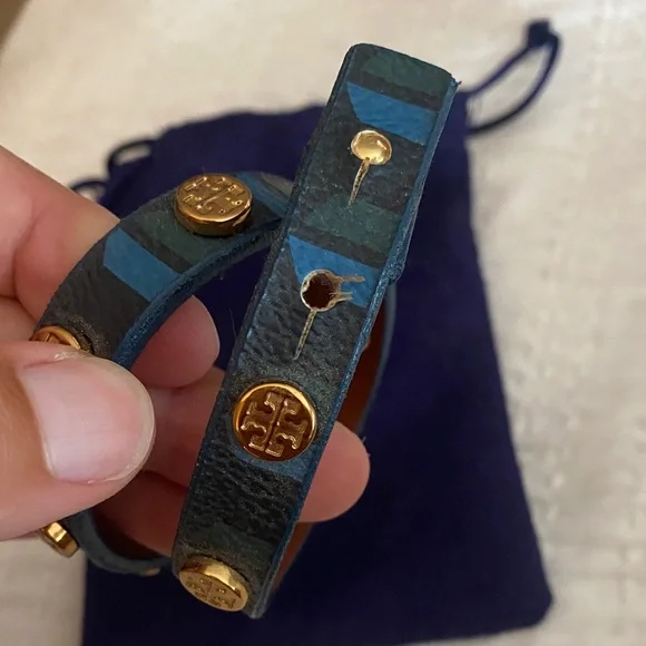 Tory Burch Teal Leather Wrap Bracelet with Gold Accents - Picture 2 of 4